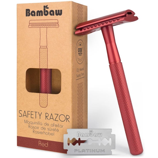 Picture of Bambaw Single Blade Double Edged Safety Razor, Metal Razor for Men & Women, Single Blade Eco Razor - Red