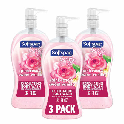 Picture of Softsoap Body Wash Pump, Pink Rose & Sweet Vanilla Scent Body Wash, Exfoliating Body Wash, 32 Ounce, 3 Pack