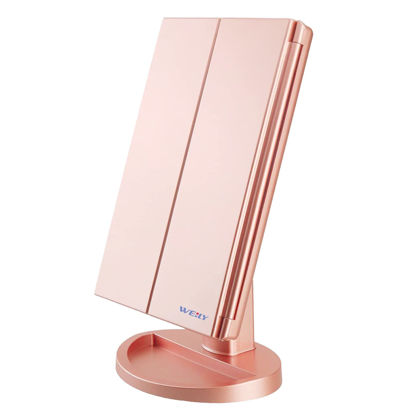 Picture of WEILY Lighted Makeup Mirror, Tri-fold Vanity Mirror with 1X/2X/3X Magnification Mirrors, 21 Natural LED Nights and Touch Screen, Chargeable Travel Cosmetic Mirror for Desktop (Rose Gold)