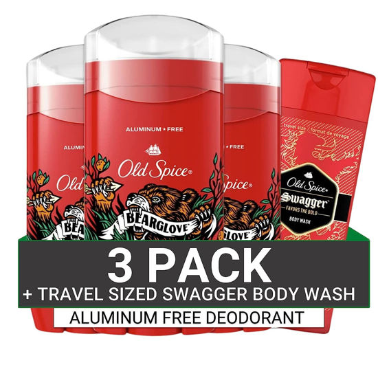 Picture of Old Spice Aluminum Free Deodorant for Men, Bearglove Scent, 48 Hr. Protection, 3.0 oz, Pack of 3 with Travel-Sized Swagger Body Wash