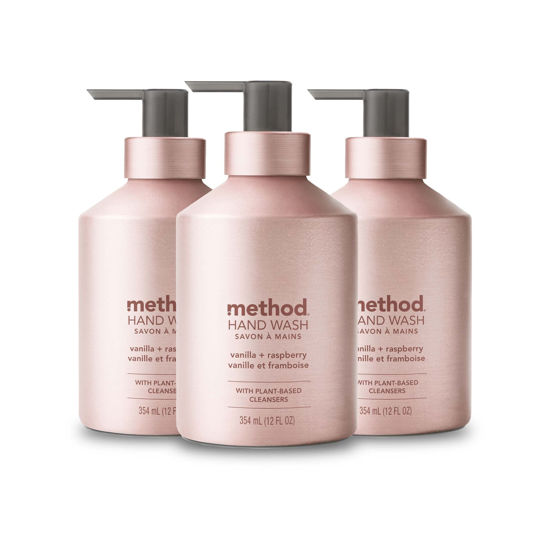 Picture of Method Gel Hand Soap, Vanilla + Raspberry, Reusable Pink Aluminum Bottle, Biodegradable Formula, 12 oz (Pack of 3)