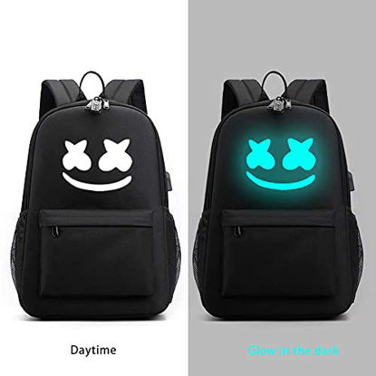 Picture of Cozyonme Smile Luminous Backpack with USB Charging Port Safety Lock & DJ Bracelet, Unisex Fashion Daypack Travel DJ Music Laptop Backpack, Black, Large