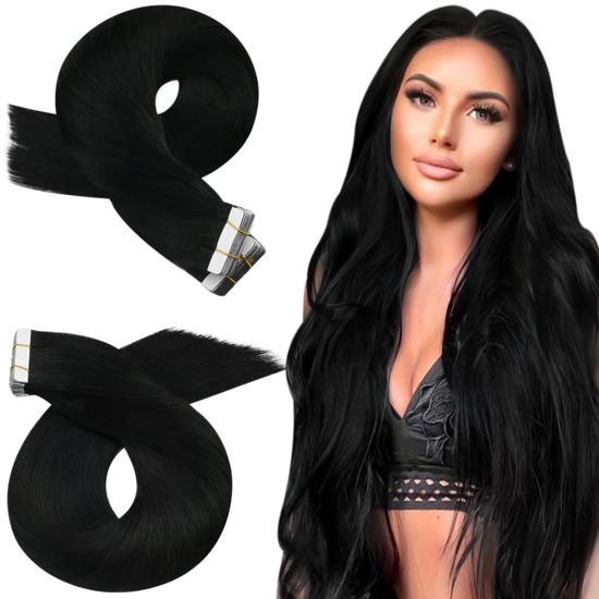 Picture of Moresoo Black Hair Extensions Tape in Human Hair Extensions 12 Inch Tape in Straight Hair 20 Pieces Solid Color #1 Jet Black Adhesive Tape Hair for Women 30g