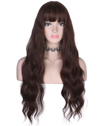 Picture of AMZCOS Long Wavy Brown Wig with Bangs for Women | Heat Resistant Synthetic Hair Wigs for Daily Use (Brown)