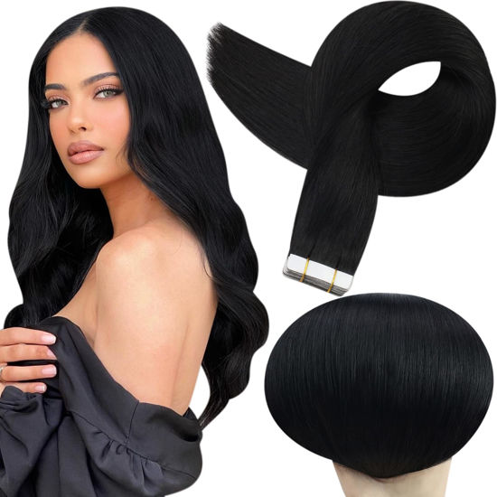 Picture of Full Shine Tape in Hair Extensions Human Hair 10 Inch Remy Tape in Hair Extensions for Women 30 Gram 20 Pieces Color 1 Jet Black Hair Extensions Human Hair Seamless Tape in Extensions