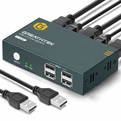 Picture of GREATHTEK HDMI KVM Switch 2 Port, USB2.0, Ultra HD 4K @30Hz, 2 PC Share 1 Set of Keyboard, Mouse and Monitor, with 2 USB and 2 HDMI Cables, Support Wireless Keyboard and Mouse