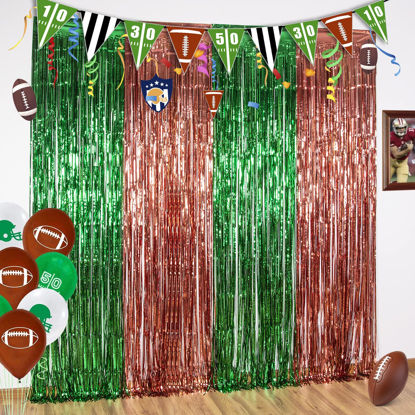 Picture of LOLStar 5 Pack Super Bowl Photo Booth Prop, Football Party Decorations, 3.3x6.6 ft Dark Green and Brown Foil Fringe Curtain Photo Backdrop for Super Bowl Sunday Party, Football Themed Party Decoration