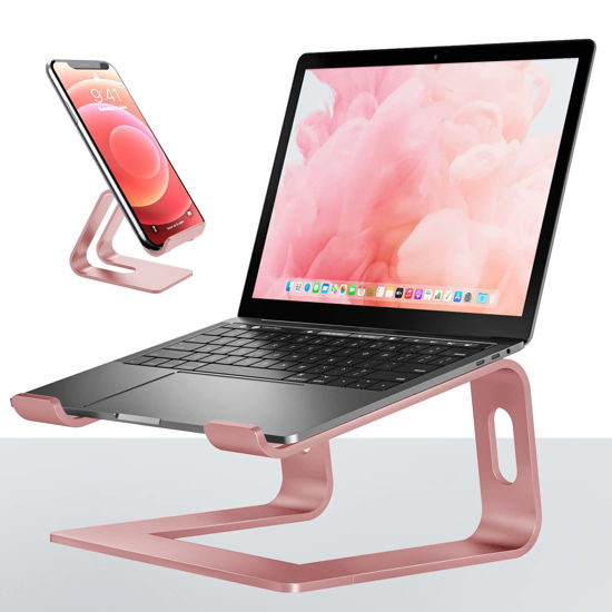 Picture of VECOFO Laptop Stand for Desk Aluminum Laptop Riser Holder for All laptops 10-17 Inches,Include A Cell Phone Stand(Rose Gold)