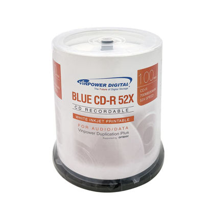 Picture of Vinpower Digital Blue AZO CD-R 700MB 52X White Inkjet Hub Printable Recordable Media Disc - 100pk Cake Box (FFB), 100 Discs