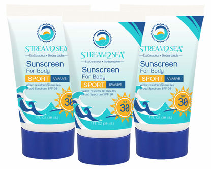 Picture of STREAM 2 SEA SPF 30 Mineral Sunscreen Biodegradable and Reef Safe, 1 Fl oz Travel Size Pack of 3, Paraben Free Non Greasy and Moisturizing Mineral Sunscreen For Face and Body Against UVA and UVB