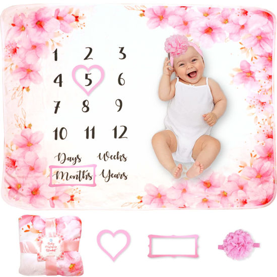 Picture of Evovee Baby Monthly Milestone Blanket Girl Flowers Floral Baby Month Blanket Age Photo Blanket, Photography Backdrop Newborn Girls Props, Marker and Headband New Moms Cherry Blossoms