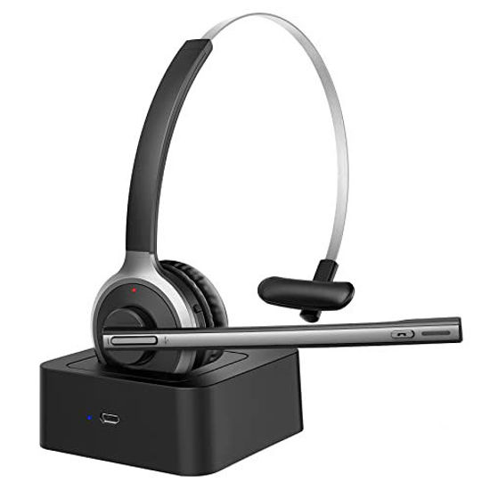 Picture of Bluetooth Headset with Charging Base, Wireless PC Headphones with Noise Cancelling Microphone, Truck Driver Headset for Call Center, Home, Office, Skype, Black/Silver