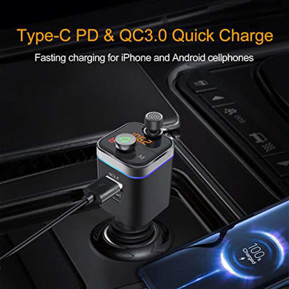 Picture of Bluetooth Car Adapter PD & QC3.0 Bluetooth FM Transmitter for Car Wireless Radio Adapter Car Charger with LED Backlit and Bass Sound Handsfree Car Kit Music Player Support TF Card