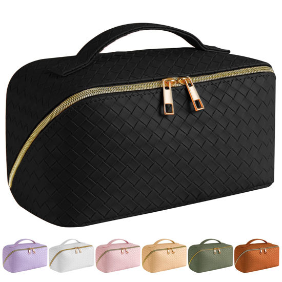 Picture of SFXULIX Large Capacity Travel Cosmetic Bag - Makeup Bag, PU Leather Waterproof Women Portable With Handle and Divider Flat Lay Organizer