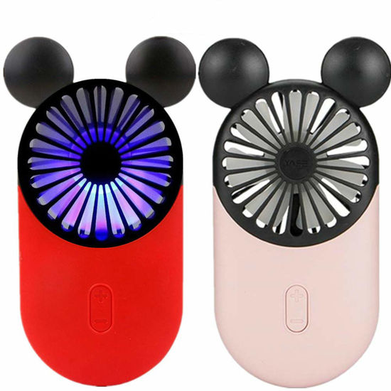 Picture of Kbinter Cute Personal Mini Fan, Handheld & Portable USB Rechargeable Fan with Beautiful LED Light, 3 Adjustable Speeds, Portable Holder, for Indoor Outdoor Activities, Cute Mouse 2 Pack (Red+Pink)