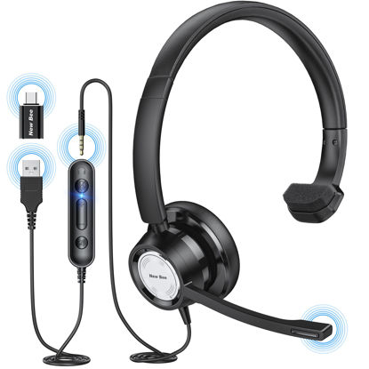 Picture of New bee USB Headset with Microphone for PC Computer Headset, Single Ear Headset Noise Cancelling Mic, Call Center Wired Headset with 3.5mm/USB/Type C for Skype Zoom Tablet Laptop (Black)