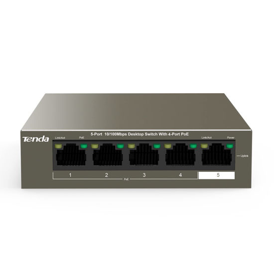 Picture of Tenda TEF1105P, 5 Port Fast Ethernet PoE Switch with 4 PoE+ Ports @58W, Unmanaged poe powered switch, Plug & Play, Desktop & Wall-Mount, Fanless & Sturdy Metal, Limited Lifetime Protection