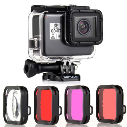 Picture of GEPULY Waterproof Housing Case with Diving Filters for GoPro Hero 5 6 7 Black Hero (2018) Cameras - 45M Underwater Diving Housing Shell with Red/Light Red/Magenta / 5X Close-up Filters