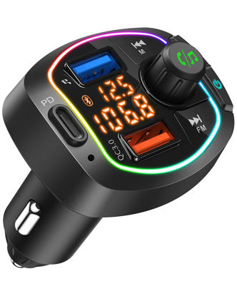 Picture of Bluetooth FM Transmitter for Car, Car Bluetooth Adapter Radio Transmitter, 2 USB Ports (QC3.0 18W, Pen Drive), Type-C PD 18W, TF Card, Hands Free Calls Siri Google Assistant Car Mp3 Player Receiver