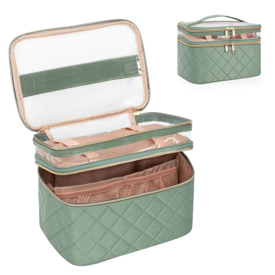 Picture of OCHEAL Makeup Bag, Double layer Cosmetic Cases Travel Makeup Organizer Toiletry Bags Large Make Up Bag For Women Girls with Adjustable Dividers and Brush Organize Area -Green Rhombus