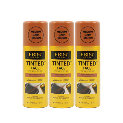 Picture of EBIN NEW YORK Tinted Lace Aerosol Spray 3pack - Medium Dark Brown 2.7 Oz/ 80 mL | Quick dry, Water Resistant, No Residue, Water Resistant, Even Spray, Matching Skin Tone, Natural Look