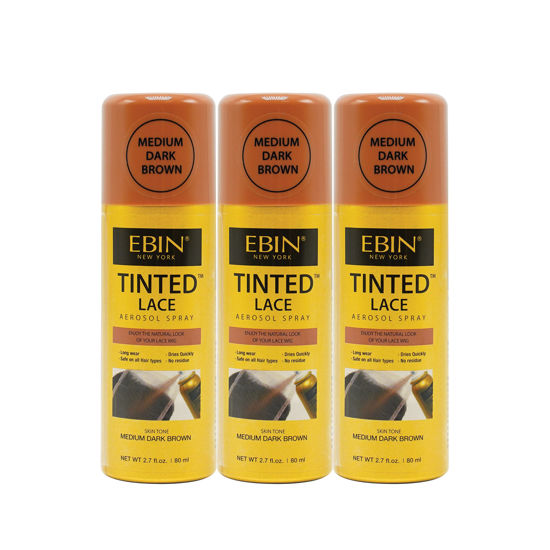 Picture of EBIN NEW YORK Tinted Lace Aerosol Spray 3pack - Medium Dark Brown 2.7 Oz/ 80 mL | Quick dry, Water Resistant, No Residue, Water Resistant, Even Spray, Matching Skin Tone, Natural Look