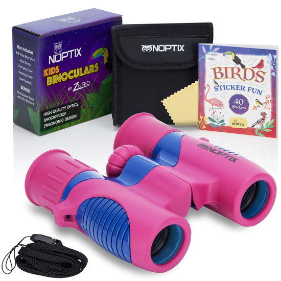 Picture of Kids Binoculars girls or boys Real Binoculars in vibrant Pink and Blue - for ages 3 to 14 - includes Sticker Book of 40 Birds with species names