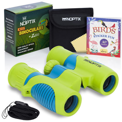 Picture of Kids Binoculars girls or boys Real Binoculars in Green Blue - Binoculars for Toddlers up to Kids age 14 - includes sticker book with 40 Bird Species