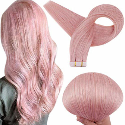 Picture of Full Shine Tape Hair Extensions Real Hair Light Pink Lilac Color Remy Human Hair Straight Real Hair 25 Gram Seamless Brazilian Hair 14 Inch Tape in Hair Extensions Cosplay