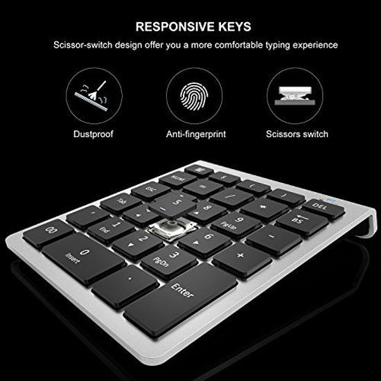 Picture of Wireless Number Pad, Vive Comb 28-Key External Numeric Keypad Slim Numpad Full Size with Shortcuts for Laptop, Desktop, PC, Notebook-Black and Silver