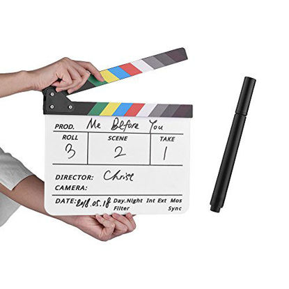 Picture of Andoer Dry Erase Acrylic Director Film Clapboard Movie TV Cut Action Scene Clapper Board Slate with Marker Pen, Black/White Stick, White