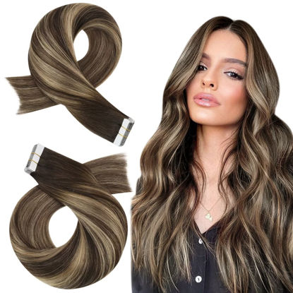 Picture of Moresoo Ombre Tape in Hair Extensions 12 Inch Tape in Human Hair Extensions Brown 30g Seamless Hair Extensions #4/27/4 Brown to Blonde Balayage Brazilian Tape ins for Black Women 30g