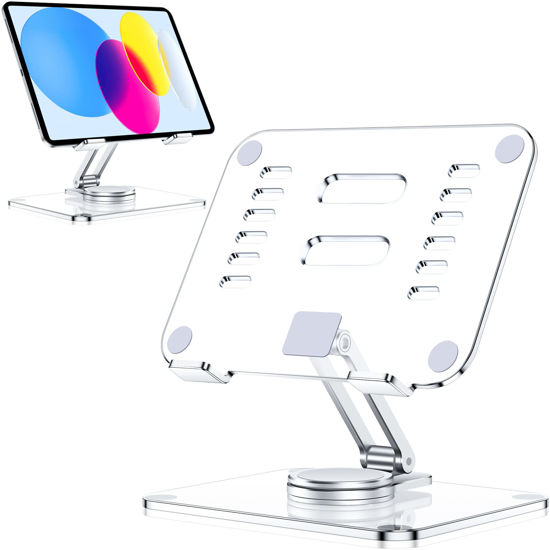 Picture of CreaDream Acrylic Tablet Stand Holder with 360 Rotating Base, Foldable Adjustable Transparent Tablet Holder for Desk Home Office, Compatible with iPad Pro Air Mini and More, Clear