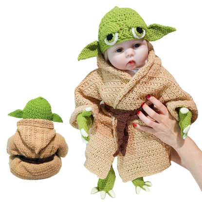 Picture of Crochet Star Wars Yoda Baby Costume Set, Baby Costume Photography Prop for Newborn Hand Mad Photography Prop Green