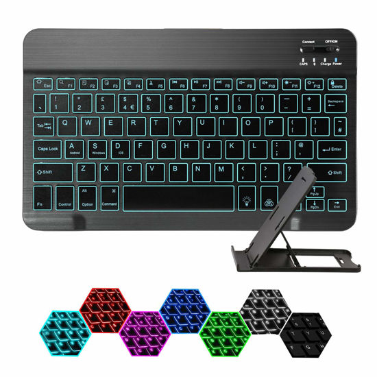 Picture of Coastacloud Ultra Slim Backlit Wireless Bluetooth Keyboard, Universal Portable 7-Colors Backlit Rechargeable Keyboard with Stand for iPad iPhone Samsung iOS Android Windows Tablets Phones