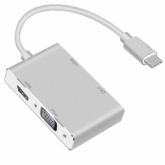 Picture of USB C to VGA HDMI DVI USB3.0 Adapter, 4 in 1 USB3.1 Type-C Hub Male to Female Multi-Display Video Converter for Mac Pro, MacBook Air, iPad Pro, XPS, and More