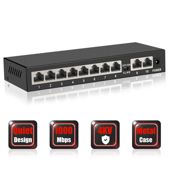 Picture of ienRon 10 Ports Gigabit Ethernet Switch-8 Gigabit Ports+2Gigabit Uplink Ports,Unmanaged Network Switch,Ethernet Splitter| Plug & Play| Fanless Metal Design| Shielded Ports| Traffic Optimization