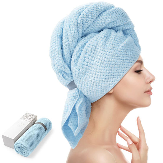 Picture of YFONG Large Microfiber Hair Towel Wrap for Women, Soft Hair Drying Towel with Elastic Band, Fast Drying Hair Turbans for Wet Curly Long Hair, 26.3" X 40" (Blue)