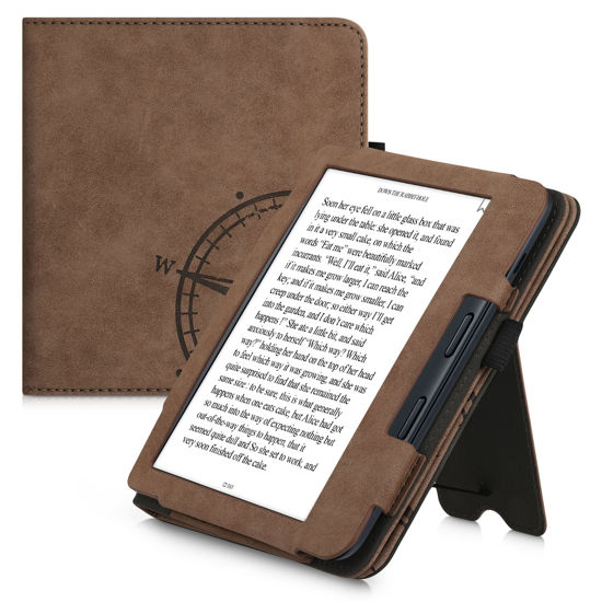 Picture of kwmobile Case Compatible with Kobo Libra 2 - Synthetic Suede Cover - Navigational Compass Brown