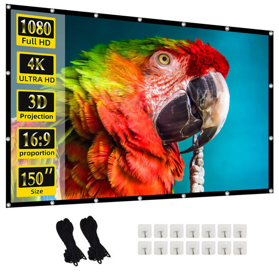 Picture of Projector Screen, 150inch Indoor Outdoor Movie Projection Screen 4K HD 16: 9 Design for Backyard Movie Night(Easy to Clean, 1.1Gain, 160° Viewing Angle)