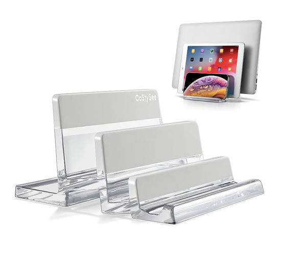 Picture of CoStySee 3-Slot Vertical Laptop Stand Laptop Holder for Desk Made of Premium Acrylic to Space-Saving for All Laptop/MacBook/Chromebook/Tablet (Transparent)