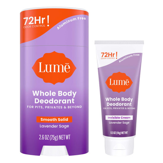 Picture of Lume Whole Body Deodorant - Invisible Cream Tube Mini and Solid Stick - 72 Hour Odor Control - Aluminum Free, Baking Soda Free, Skin Safe - 0.5 Ounce Mini Tube + 2.6 Ounce Solid Stick Bundle (Lavender Sage)