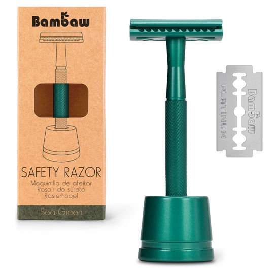 Picture of Bambaw Double Edge Close Comb Safety Razor with Stand, Shaving Razor for Men, Reusable Eco Freindly DE Metal Razor - Sea Green