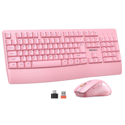 Picture of MEETION Wireless Keyboard and Mouse, Ergonomic Keyboard Mouse, 3 DPI Adjustable USB A and USB C Adapter Full-Sized Cordless Keyboard and Mouse, Wrist Rest for PC/Computer/Laptop/Windows/Mac, Pink