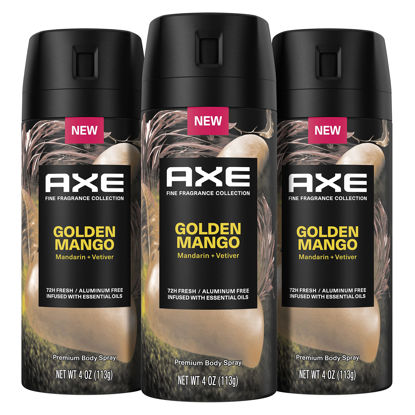 Picture of AXE Fine Fragrance Premium Deodorant Body Spray For Men Golden Mango 3 Count With 72H Odor Protection And Freshness Infused With Mango, Mandarin, And Vetiver Essential Oils 4oz