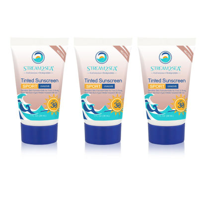 Picture of STREAM 2 SEA SPF 30 Tinted Sunscreen Biodegradable and Reef Safe, 1 Fl oz Pack of 3 Travel Size Paraben Free Non Greasy and Moisturizing Mineral Sunscreen For Face, Body Protection Against UVA and UVB