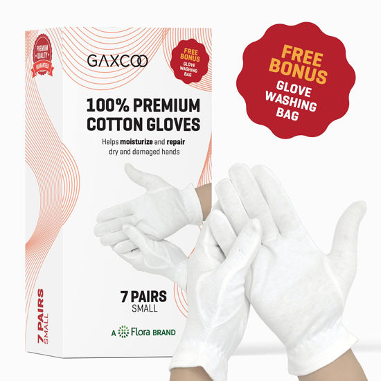 Picture of Gaxcoo |Small 100% Premium Cotton Moisturizing Gloves for Dry Hands & Eczema| Overnight Lotion, Sleep & Spa Treatment for Men & Women|Reusable,Washable -Free Washing Bag (White-Small- 7 Pairs)