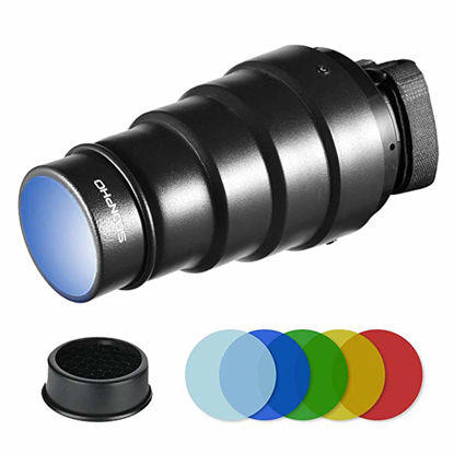 Picture of Soonpho Conical Snoot Kit for Speedlite Flash Accessories,Aluminium Alloy Snoot with Honeycomb Grid & 5pcs Color Gel Filters