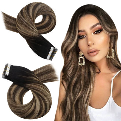 Picture of Moresoo Tape in Balayage Hair Extensions Human Hair 12 Inch Invisible Tape in Hair Extensions 20pcs Tape in Remy Human Hair Extensions #1B/4/14 Black to Dark Brown with Blonde Tape in Extensions 30g