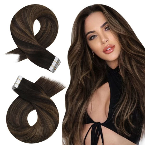 Picture of Moresoo Tape in Hair Extensions Real Human Hair 12 Inch Remy Tape in Extensions 20pcs Adhesive Tape in Human Hair Extensions #2/6/2 Darkest Brown and Brown Highlighted Glue on Hair 30g